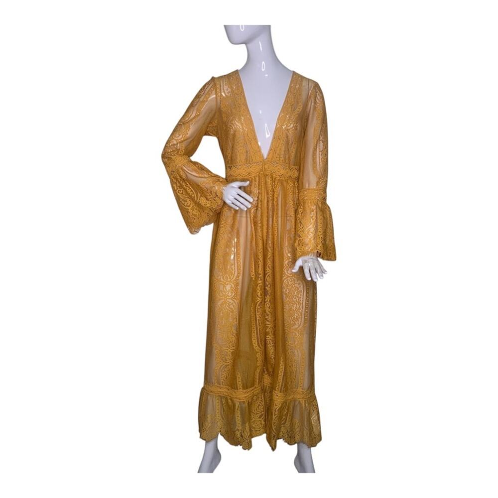 Band of Gypsies NWOT Maxi Duster Lace Crochet Soft Sheer Yellow Mustard Size S